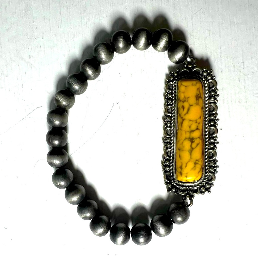 Silver Beaded Bracelet with Yellow Accent
